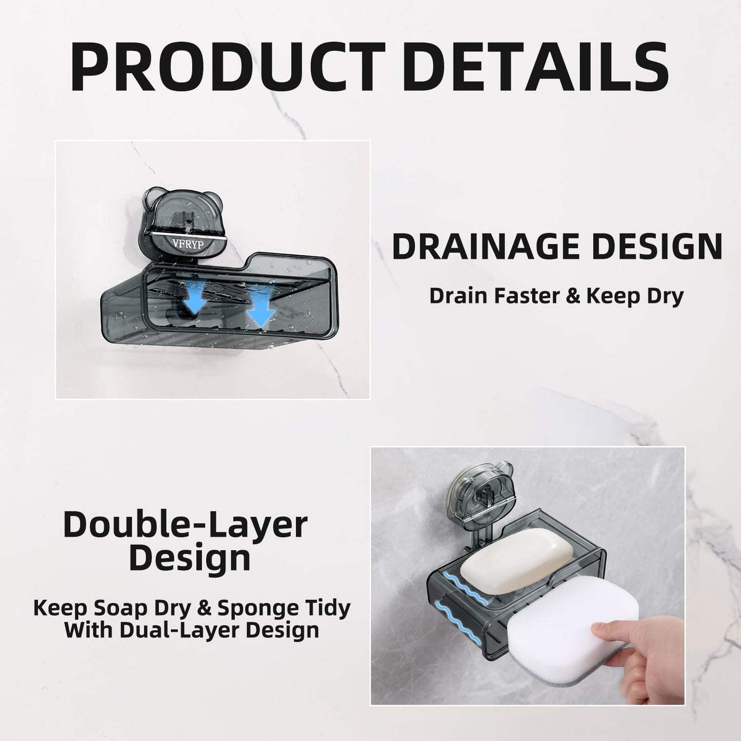 PUOPOSTY 2-Tier Soap Dish with Strong Suction Cup Black 1PCS Shower Holder