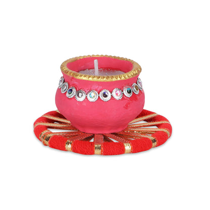 4OUR FAITH Matki Wax Filled Diya Set Handpainted Terracotta 6 Pc Multicolor