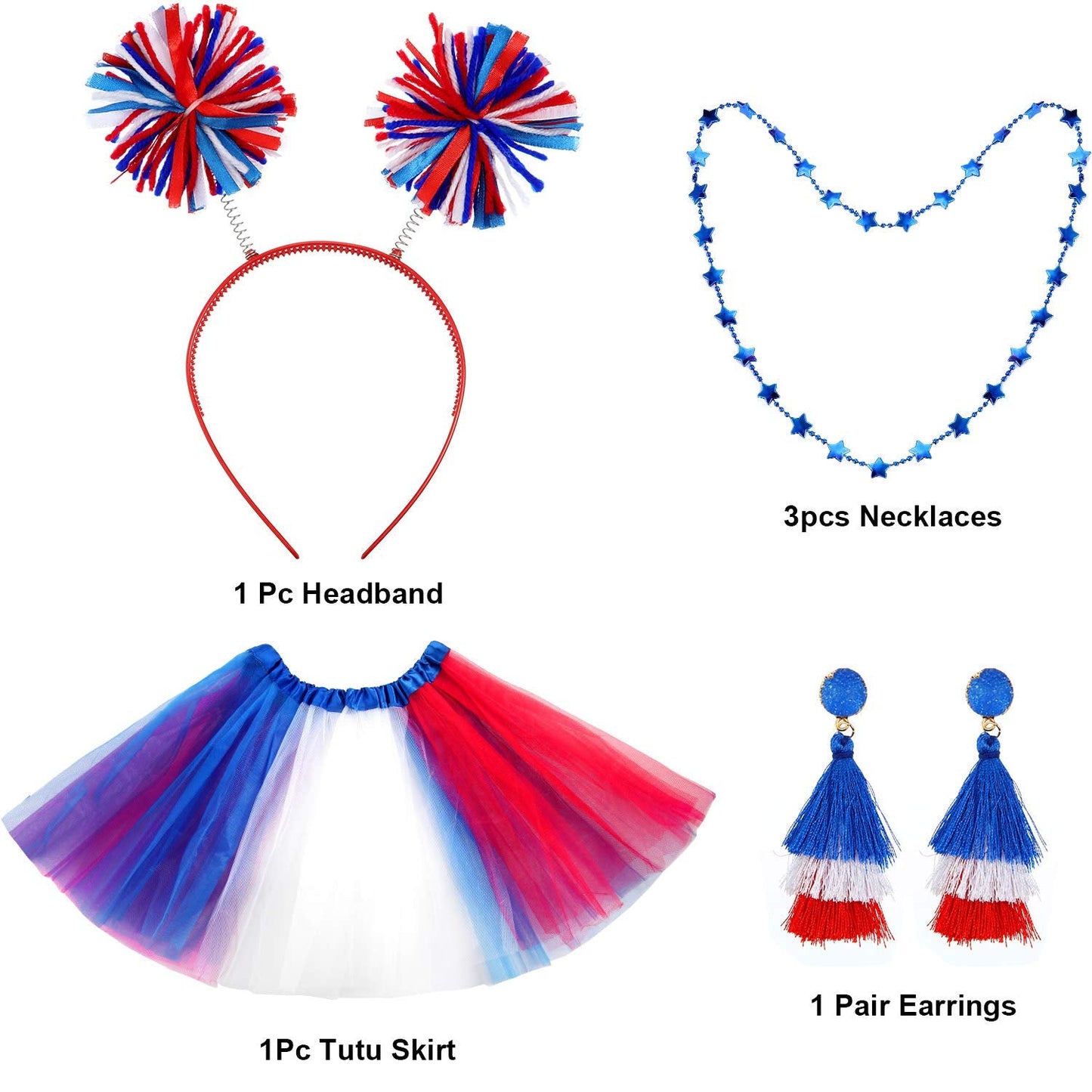 Hicarer 80s Women Tutu Set Pom Pom Headband Necklaces Earrings Red Blue White M