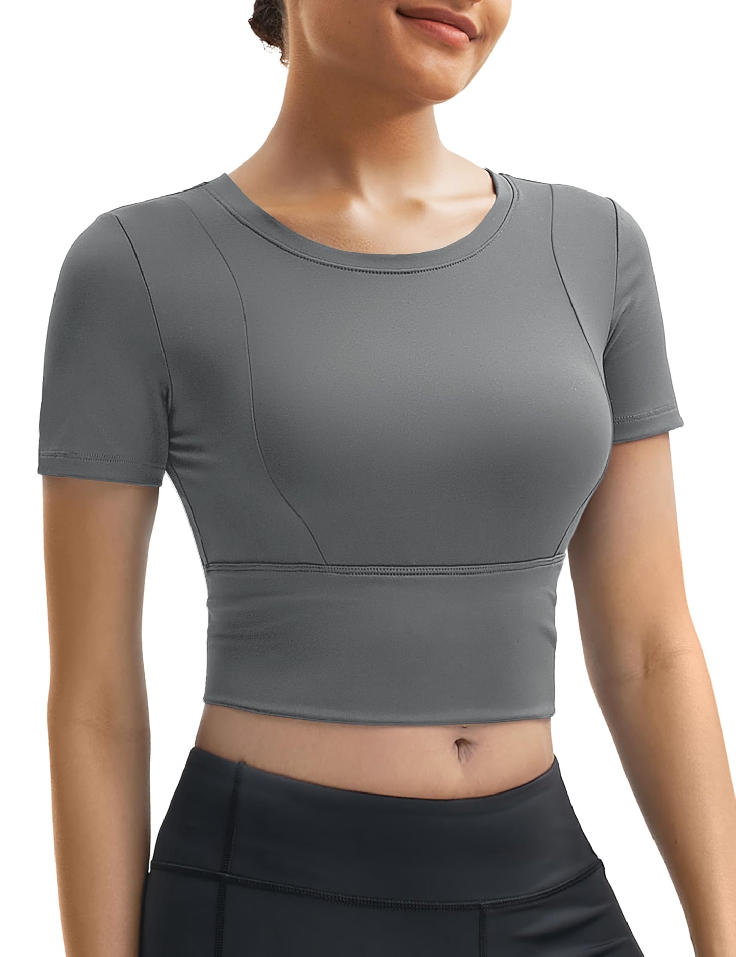 MAGCOMSEN Womens Crop Workout Top Yoga Athletic Short Sleeve Gray Size XS