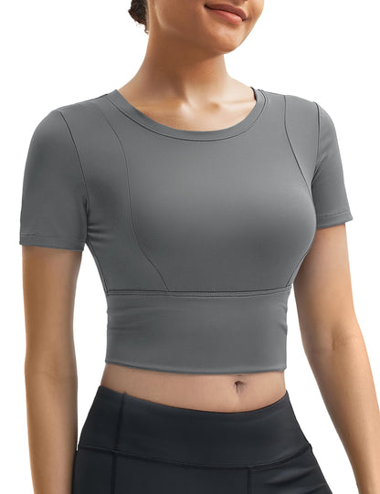 MAGCOMSEN Womens Crop Workout Top Yoga Athletic Short Sleeve Gray Size XS