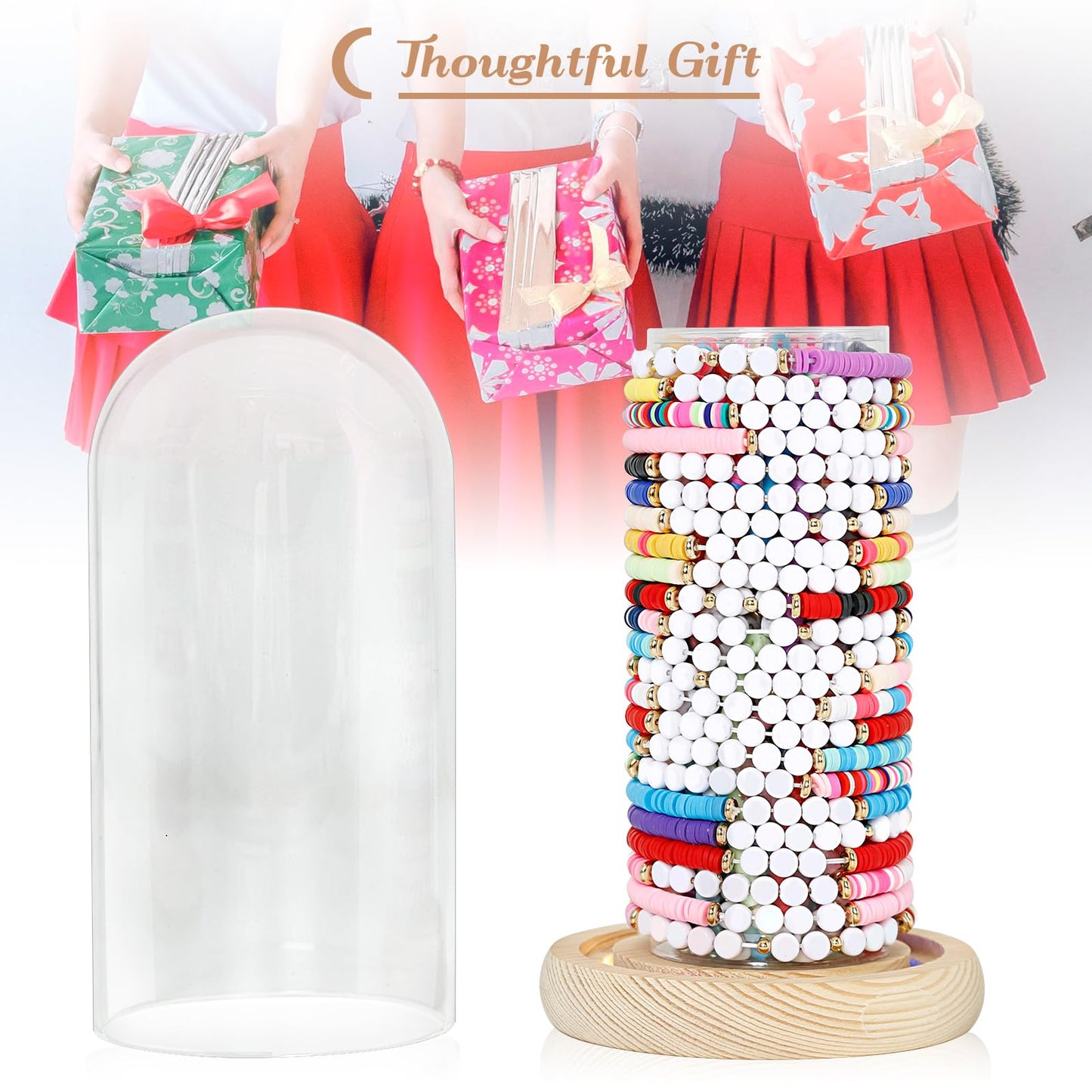 Aolamegs Friendship Bracelets Organizer with Lights Transparent Rustic Wood Base