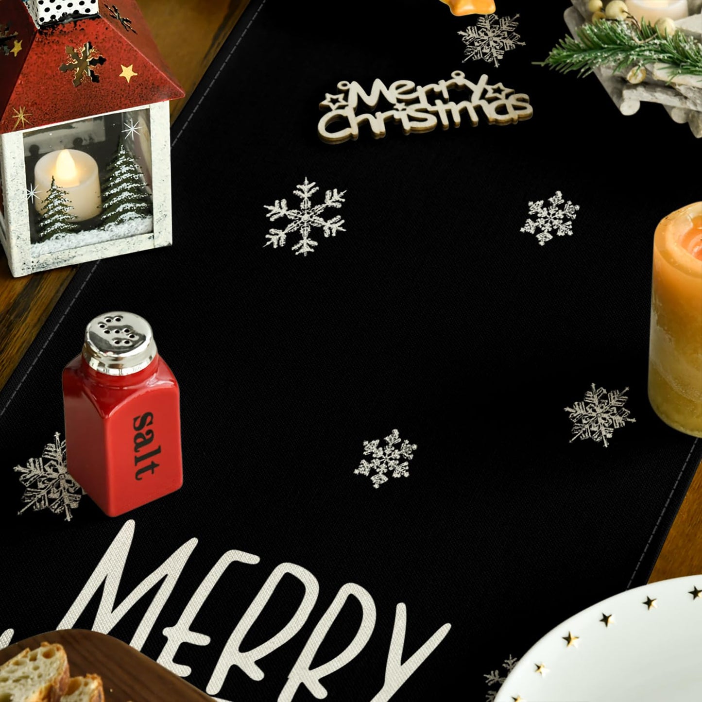 Artoid Mode Xmas Trees Snowflakes Table Runner Black 13x36 Inch