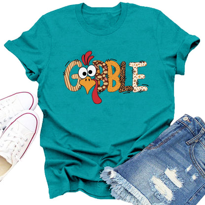 Dabon Thanksgiving Turkey Leopard Letter Print Tee Tops Cyan Size XL