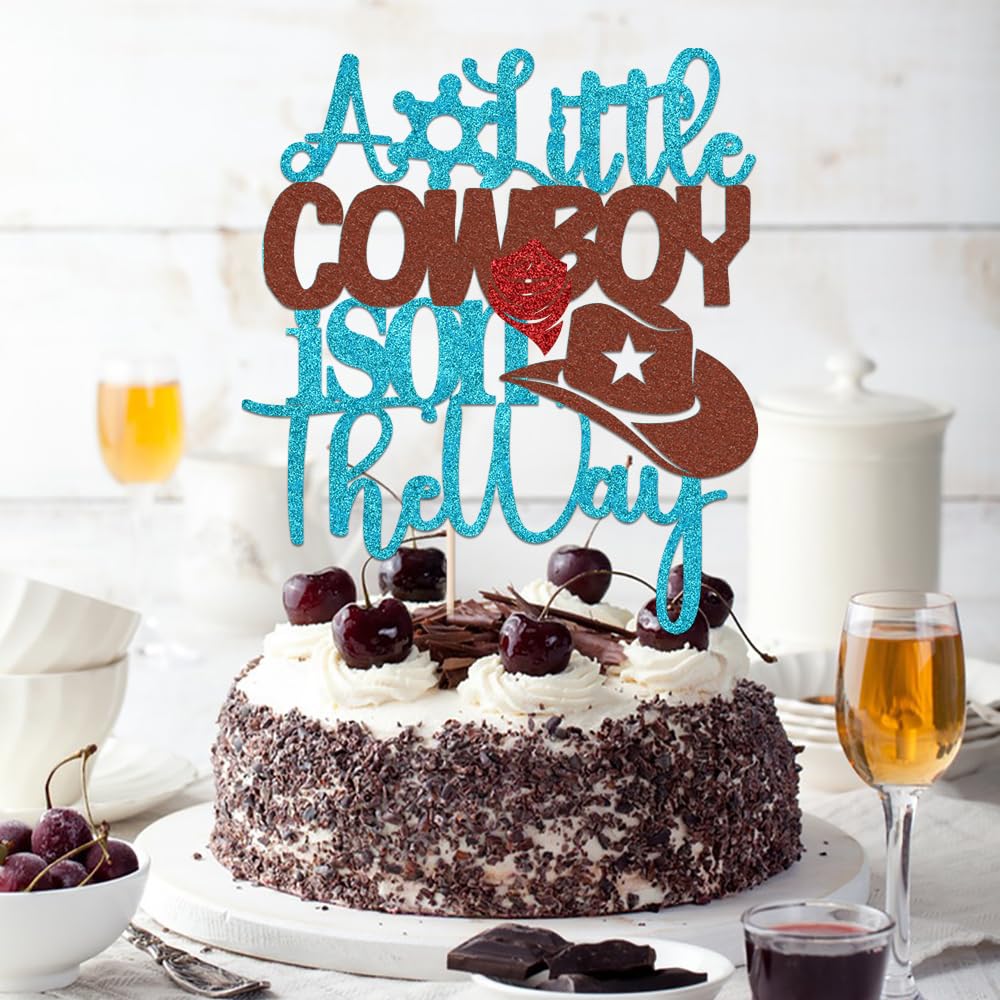 VQOUZVSR A Little Cowboy Is On The Way Cake Topper Blue Glitter Boy