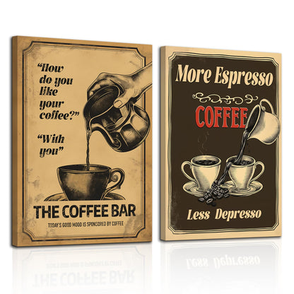 HTTART Vintage Coffee Canvas Wall Art 12x16 Set of 2 Retro Brown