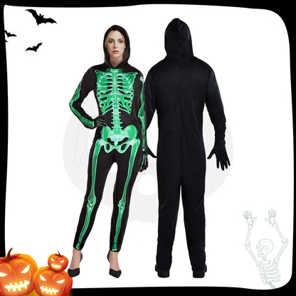XXLOG Glow in the Dark Skeleton Costume Hooded Jumpsuit Halloween Cosplay Adult