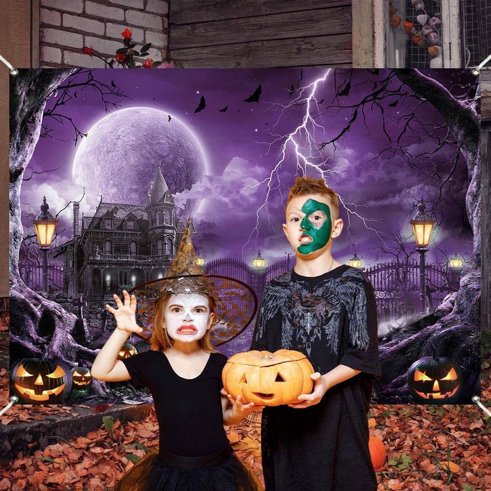 Halloween Backdrop Banner Scary Castle Cemetery Purple Full Moon 7x5Ft