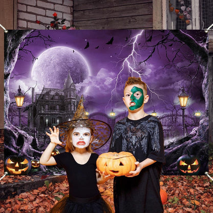 Halloween Backdrop Banner Scary Castle Cemetery Purple Full Moon 7x5Ft