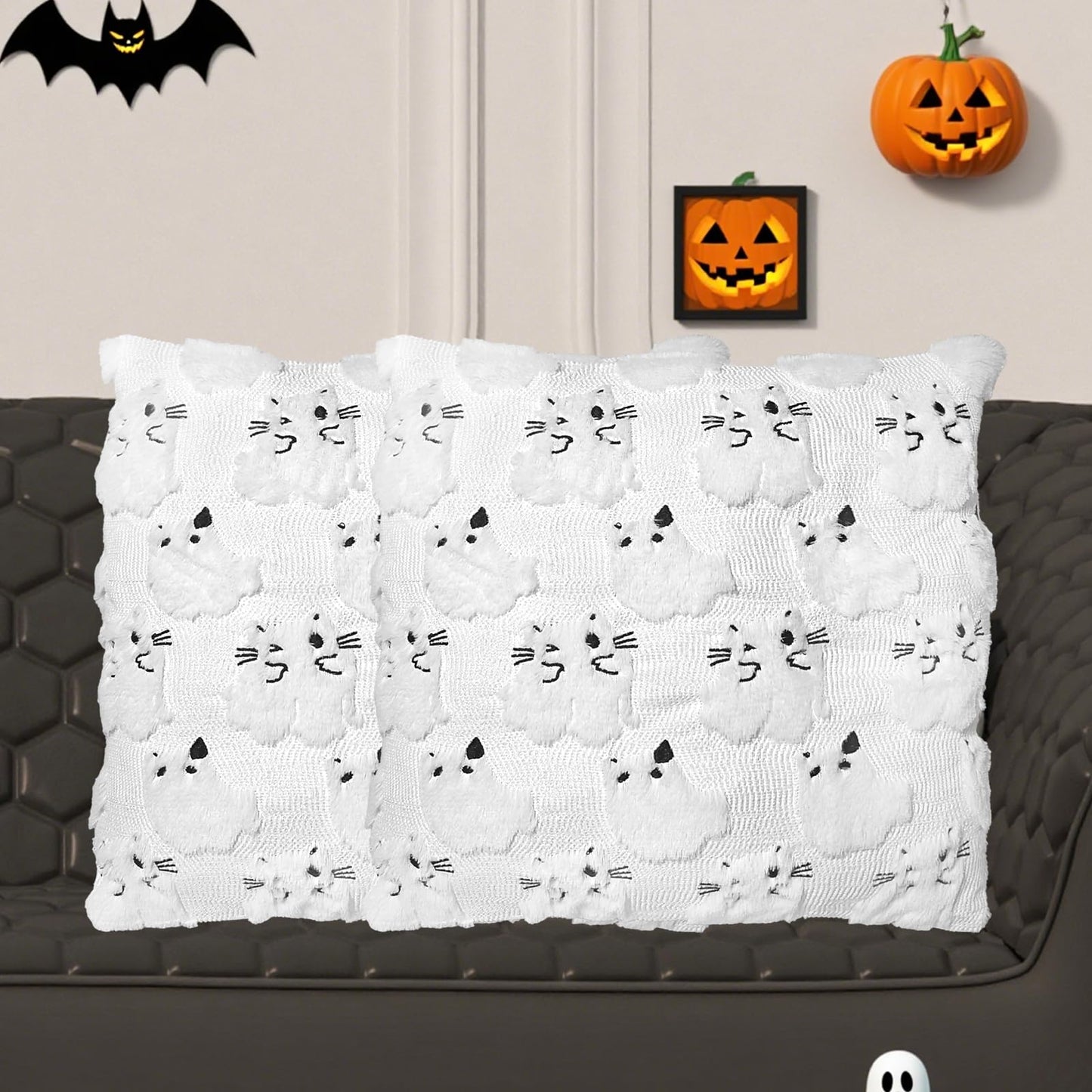 RBQXNW Halloween Pillow Covers 18x18 White Cat Ghost Set of 2 Plush