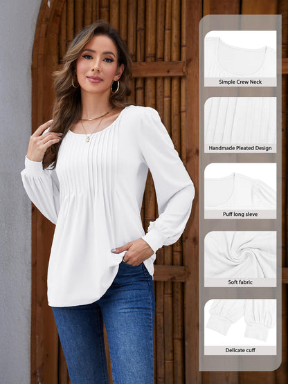 Licemere Women's Long Sleeve Pleated Puff Sleeve Tunic Shirt White Size L