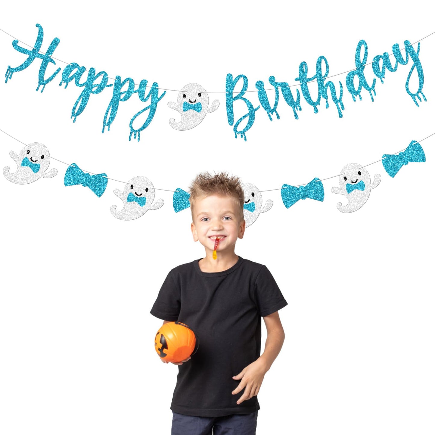Vofrise Blue Halloween Birthday Banner Glitter Bow Tie Ghost Garland