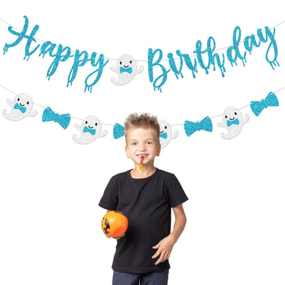 Vofrise Blue Halloween Birthday Banner Glitter Bow Tie Ghost Garland