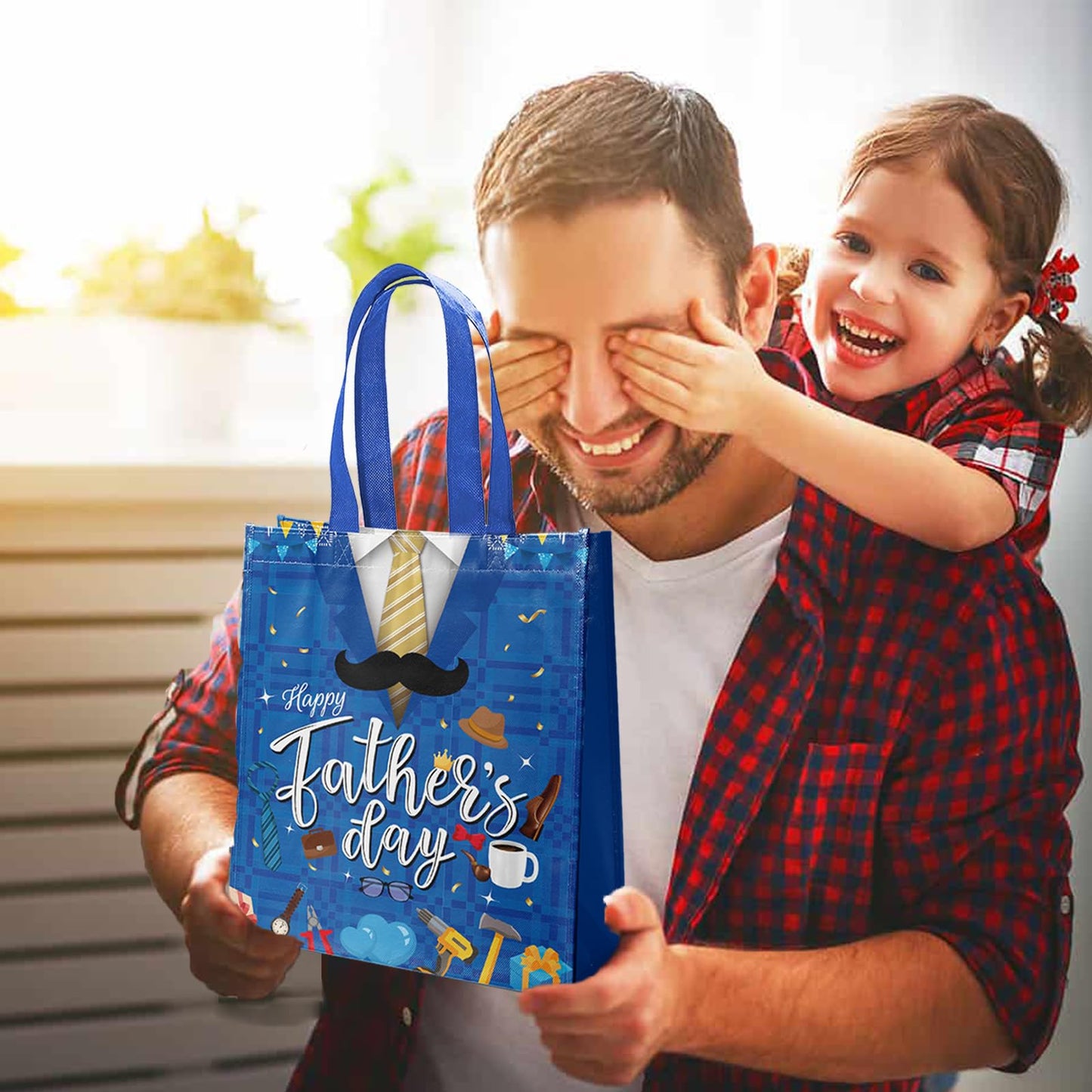 delaimastor 16Pcs Father's Day Non-Woven Gift Bags Blue Black 7.8x3.1x9.8in