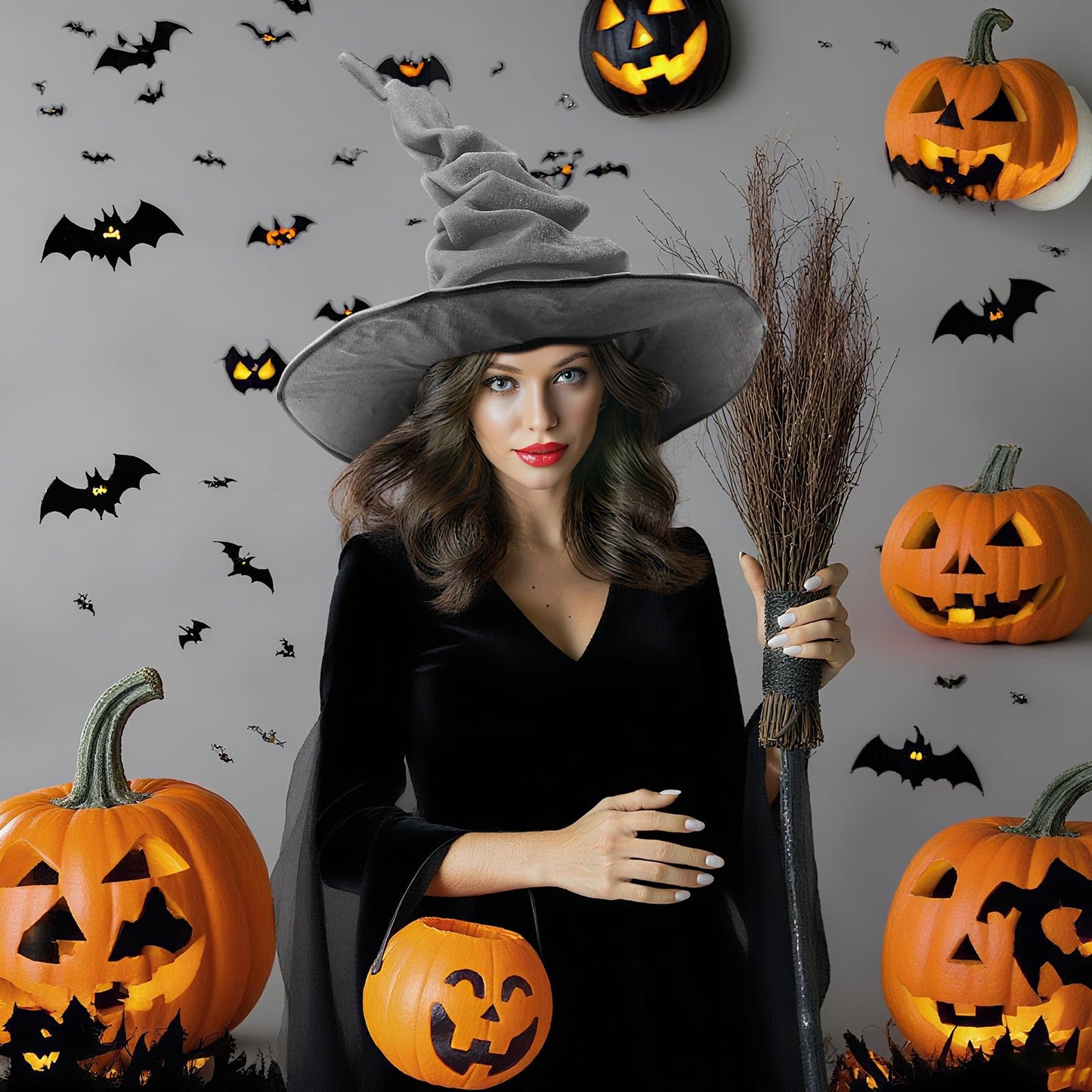 JenPen 2 Pcs Large Halloween Witch Hat Women Velvet Ruched Wide Gray One Size