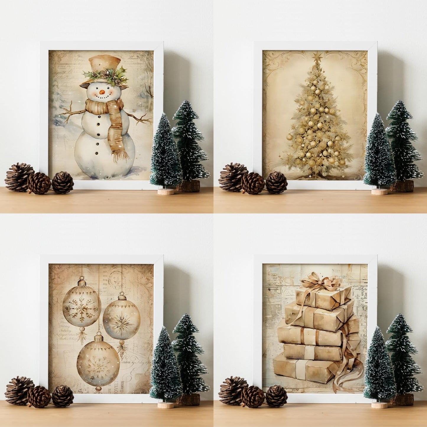 JXREQ Vintage Christmas Wall Art Prints 8x10 Snowman Tree Set of 4 Unframed