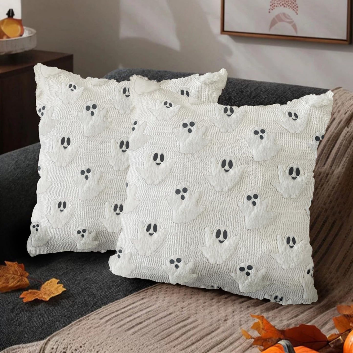 LUOLILI Halloween Pillow Covers 18x18 White Ghost Set of 2 Plush Polyester