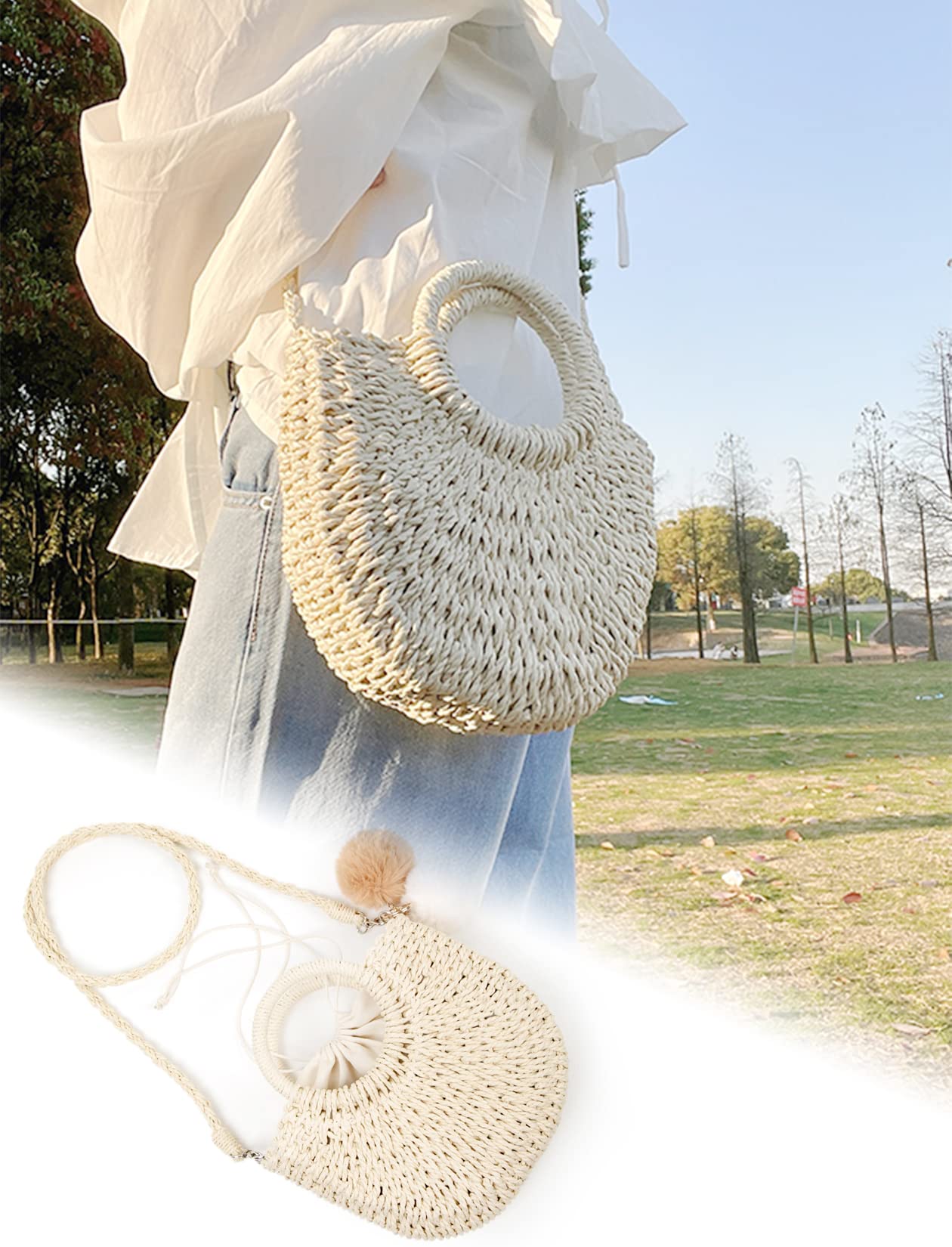 Garemcy Women's Straw Crossbody Mini Travel Shoulder Tote Bag Beige