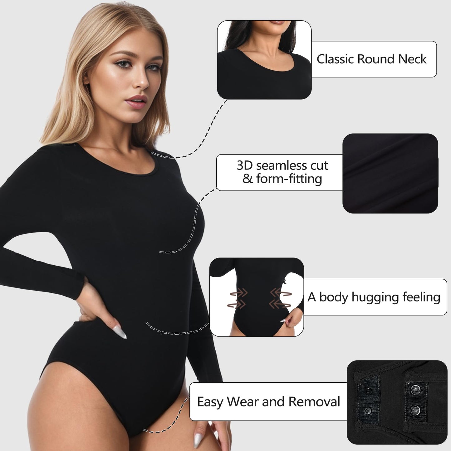 +MD Round Neck Long Sleeve Bodysuit Slim Waist Black Size M