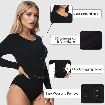 +MD Round Neck Long Sleeve Bodysuit Slim Waist Black Size M