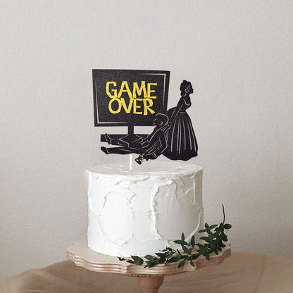 Little Man Game Over Wedding Cake Topper Double-sided Black Glitter 5.5x4.5in