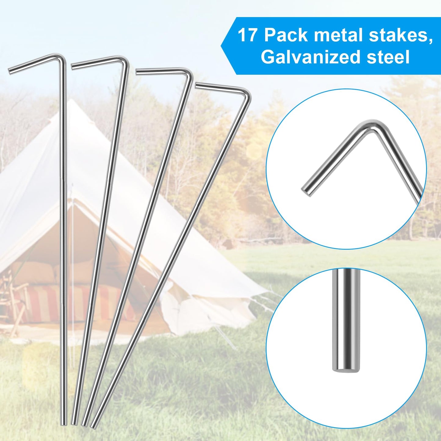 Oligei 17 Pack Heavy Duty Metal Tent Stakes Silver 18in Outdoor Use