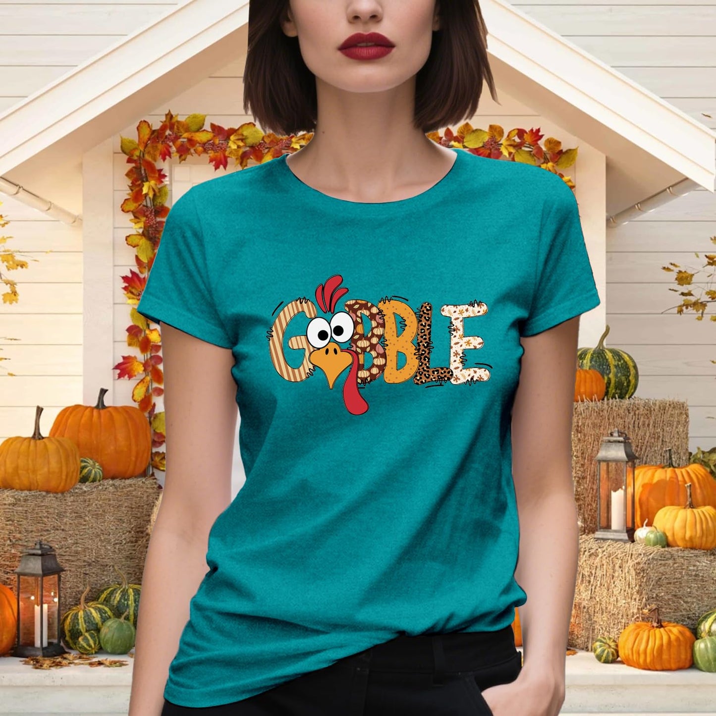 Dabon Thanksgiving Turkey Leopard Letter Print Tee Tops Cyan Size XL