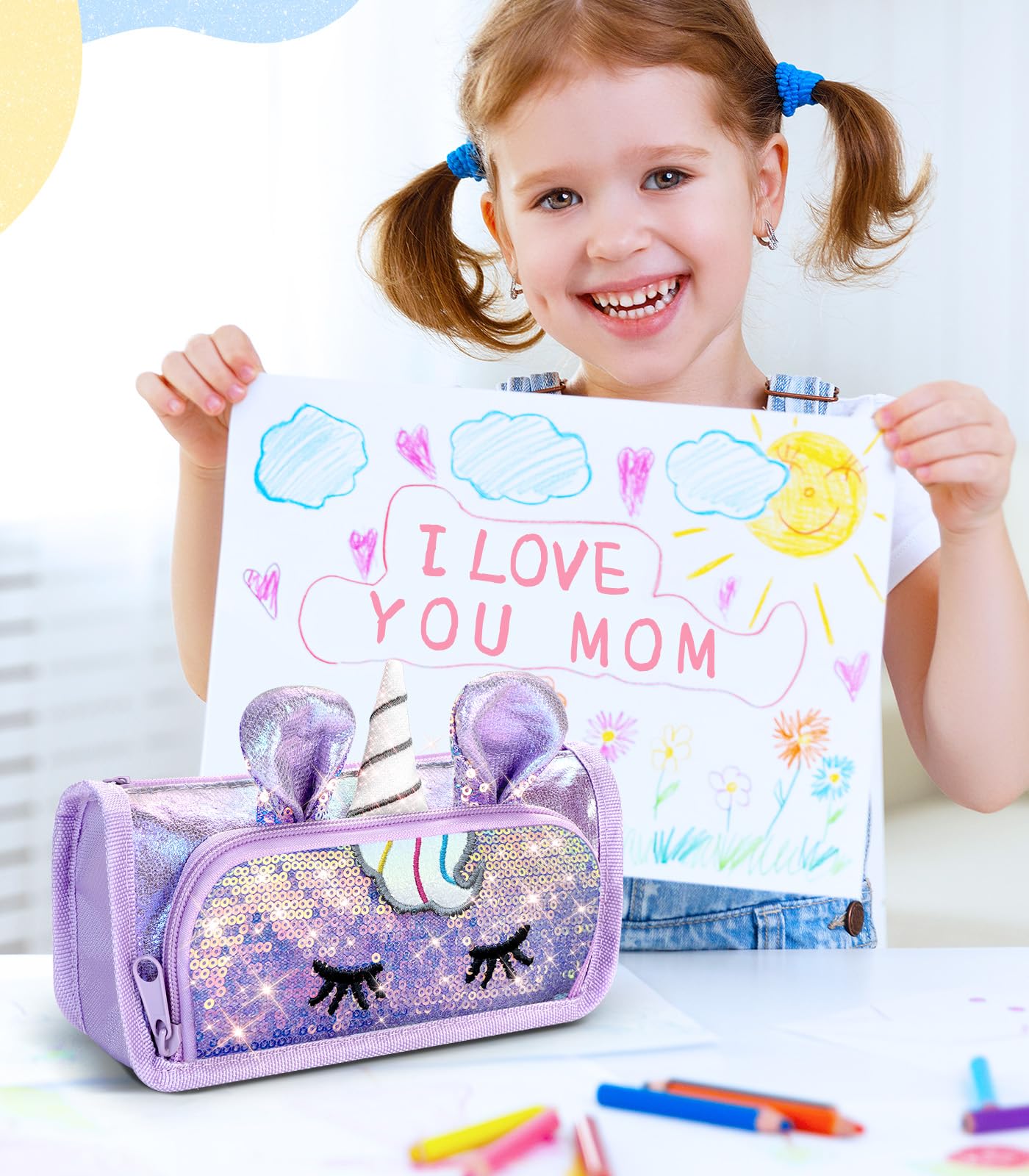 LISEVO 3D Sparkly Pencil Case Purple Cute Sequin Pencil Pouch Girls Kids