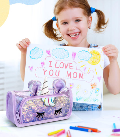 LISEVO 3D Sparkly Pencil Case Purple Cute Sequin Pencil Pouch Girls Kids