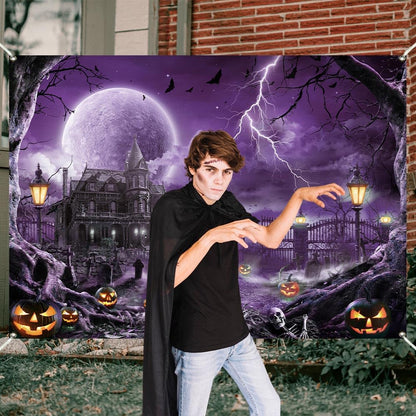Halloween Backdrop Banner Scary Castle Cemetery Purple Full Moon 7x5Ft