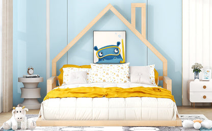 Full Size Wood Floor Bed with House-shaped Headboard  Natural