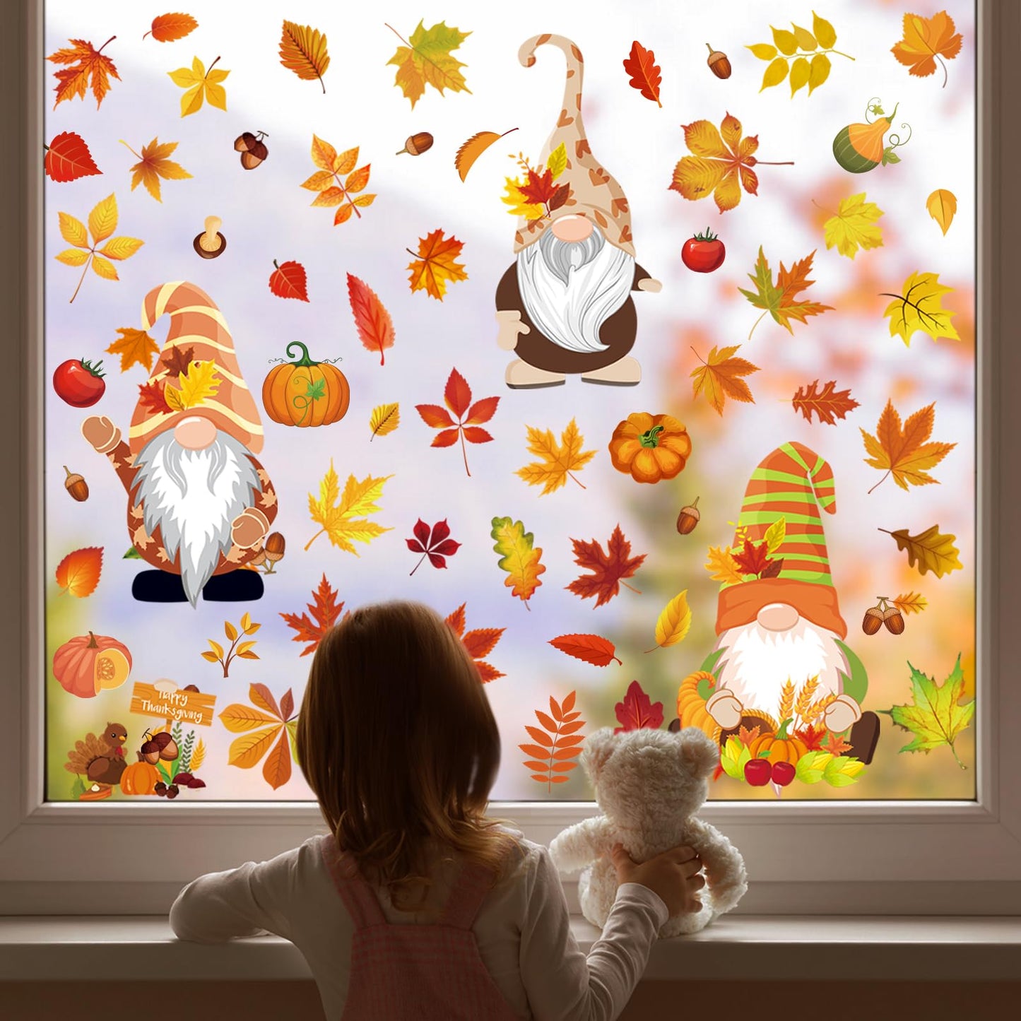 Pedel Fall Gnome Window Clings 93Pcs Thanksgiving Autumn Leaves Decals