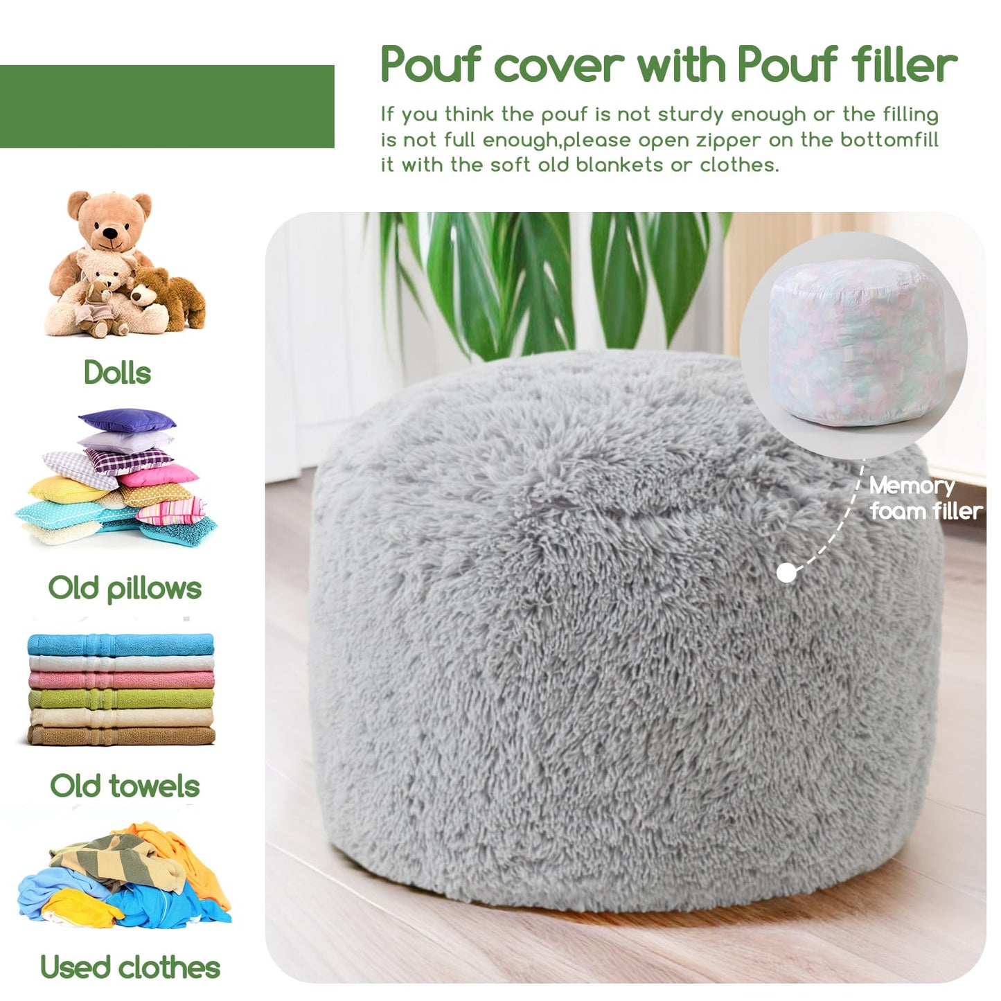 HIGOGOGO Round Faux Fur Stuffed Pouf Ottoman 26x18 Light Grey