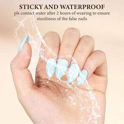 KBS Designer Handmade Press On Nails Blue Short French Tip Almond 16 Sizes Kit