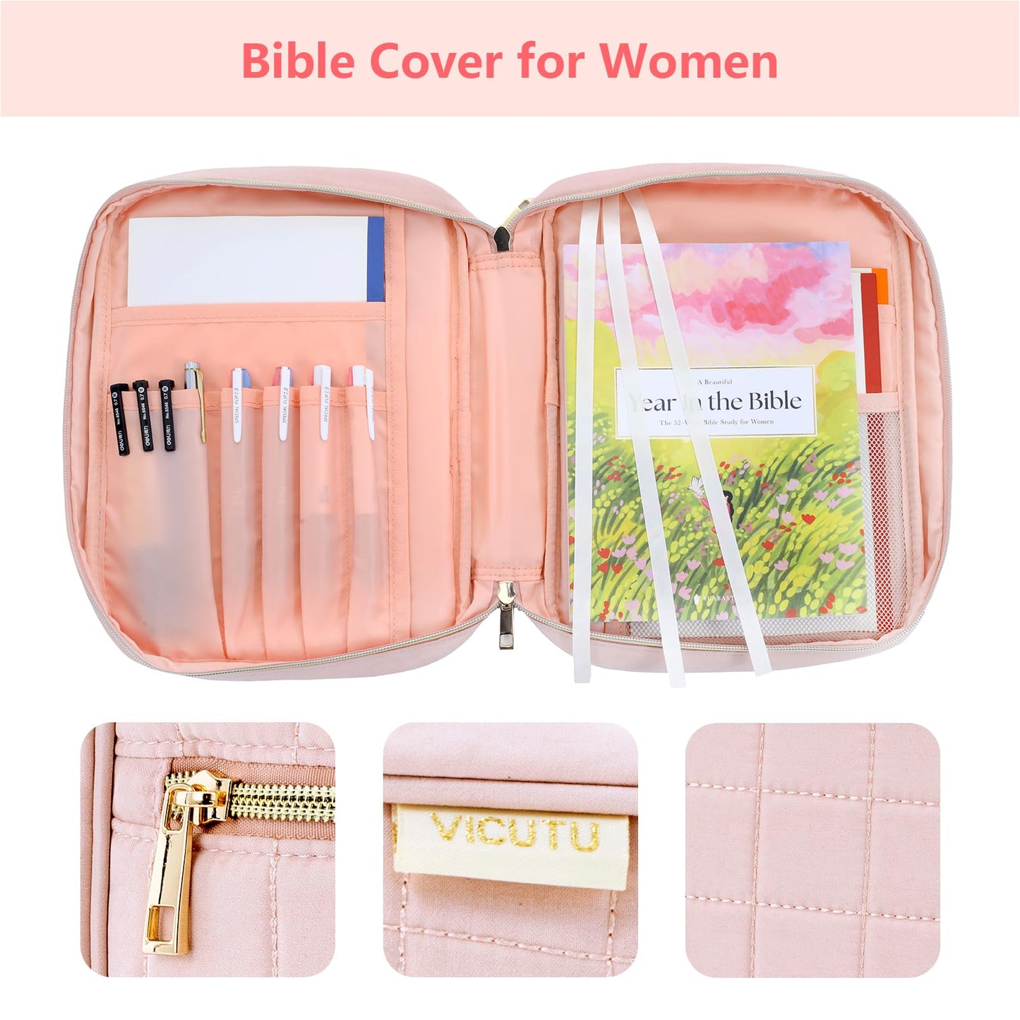 VICUTU Bible Cover Case for Women with Handle Pink Soft Quilted Carrying Bag