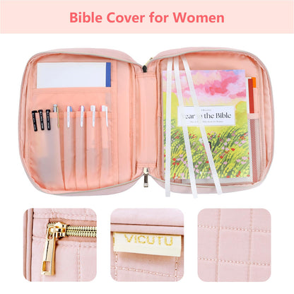 VICUTU Bible Cover Case for Women with Handle Pink Soft Quilted Carrying Bag