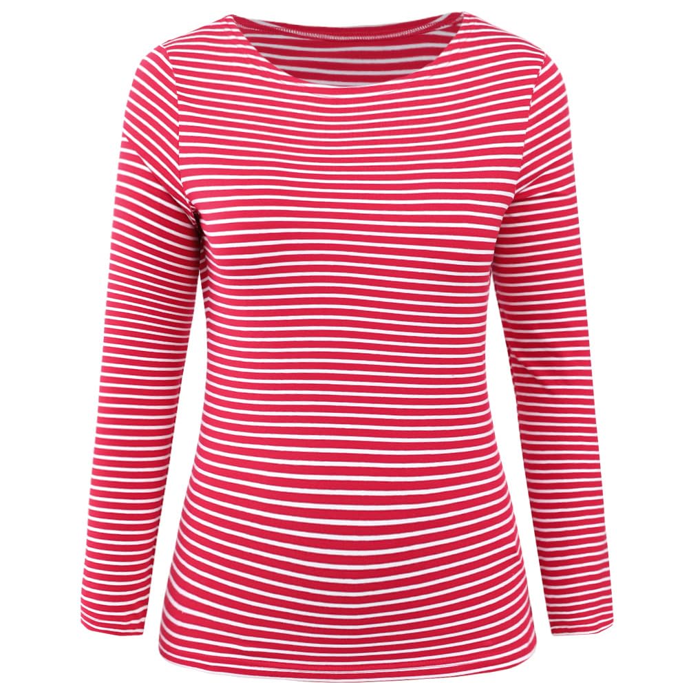 LilyCoco Womens Striped Long Sleeve Boat Neck Shirt Red Size M