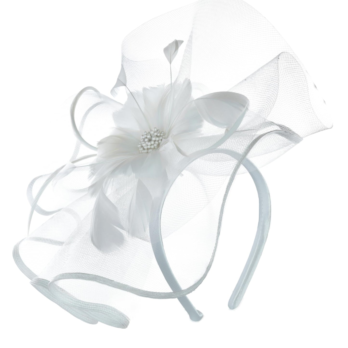 Needzo White Floral Feather Mesh Fascinator Headband Hair Clip One Size