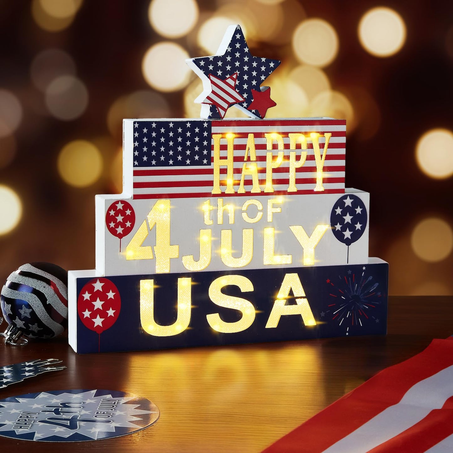 WBao Halloween Wooden Set 9.4in Glowing 3D Letter Battery Powered Red White Blue