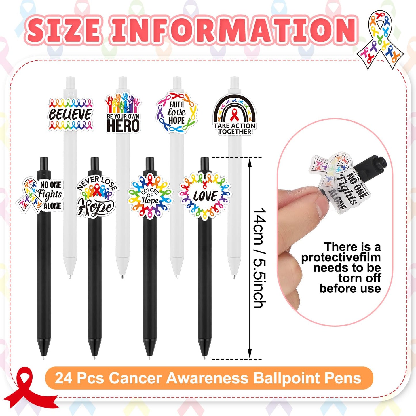 Epakh 24 Pcs Cancer Awareness Ribbon Ballpoint Pens Black Ink White Black
