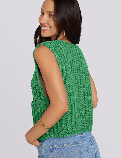 UEU Women's V Neck Crochet Sweater Vest Sleeveless Cardigan Green Size M