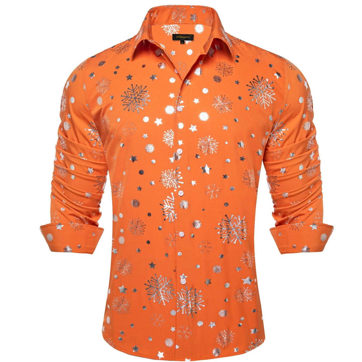 DiBanGu Mens Christmas Long Sleeve Button Down Shirt Orange Silver Size XX-Large