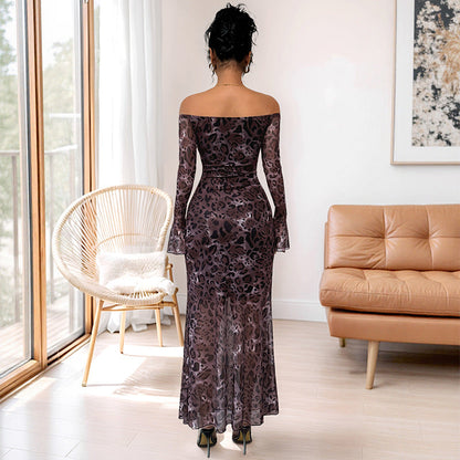 One-Shoulder Long Sleeve Mesh Leopard Print Dress for Women