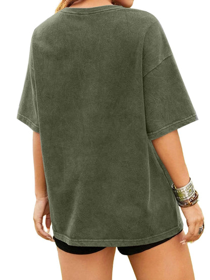 Remidoo Womens Oversized T Shirt Acid Wash Vintage Loose Fit Tee Army Green XL