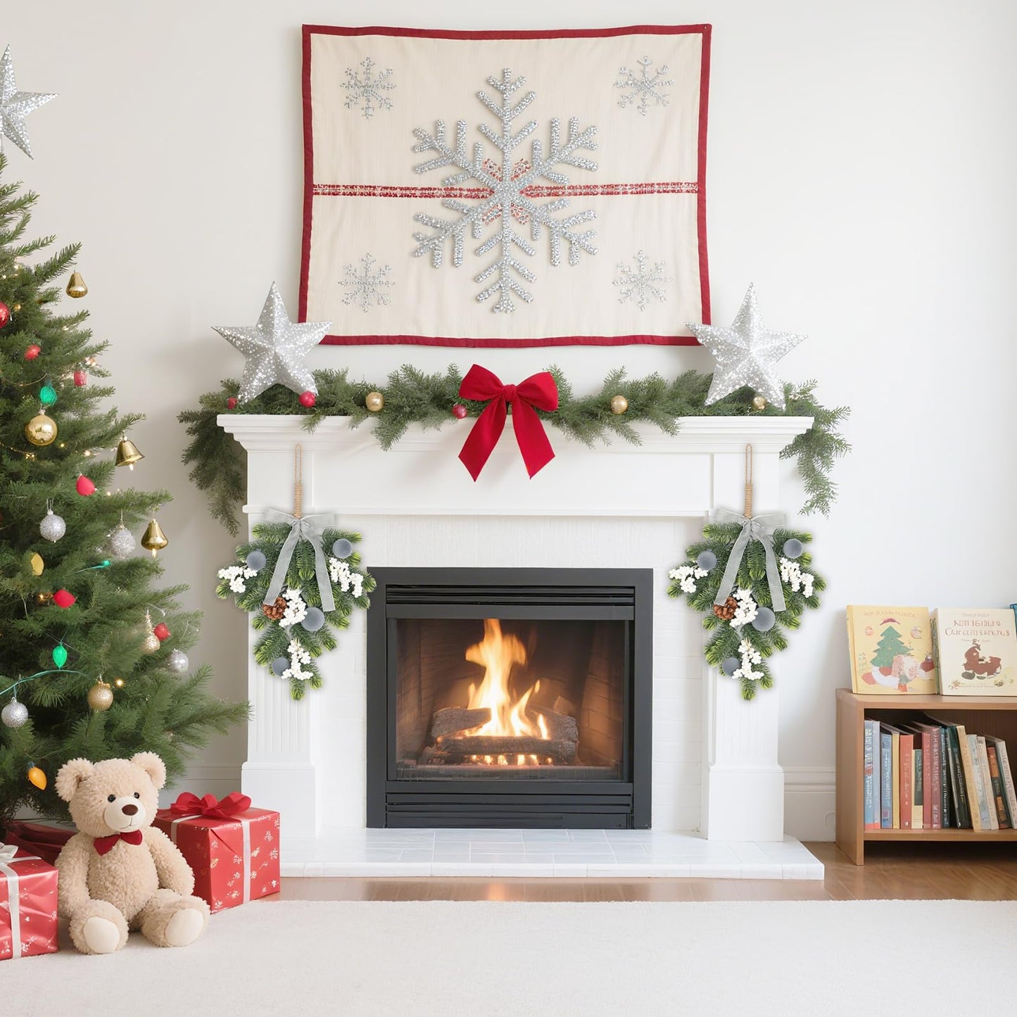 Super Holiday Christmas 2PCS Artificial Green Plant Wreaths Grey Velvet Bow