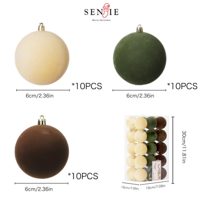 Senjie 30pcs Velvet Christmas Balls Ornaments 2.36in Brown Green Khaki