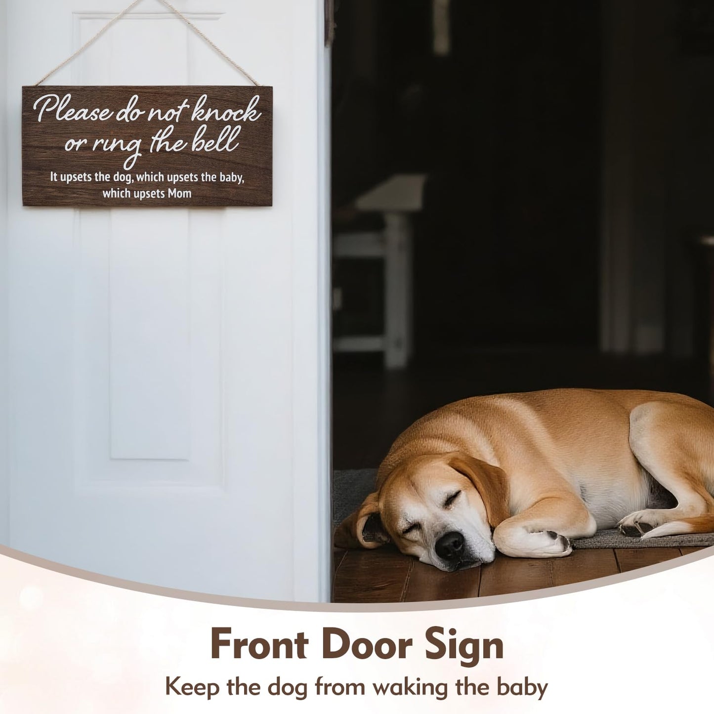 YEWANG Do Not Ring Doorbell Sign Wooden 12x6 Inch Brown with Ropes