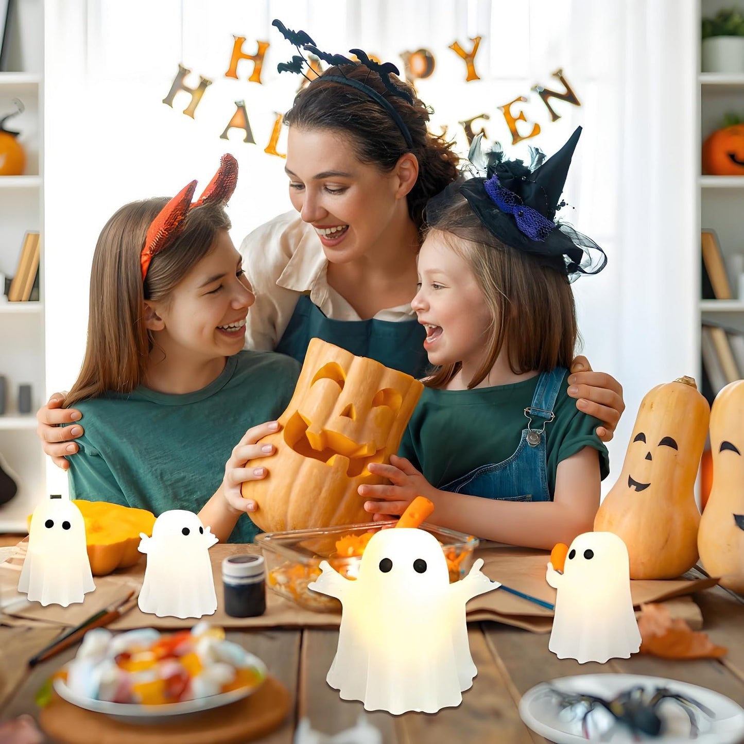 Nafhone Halloween Ghost Flameless LED Candles 4 Pack Real Wax White 8x7cm