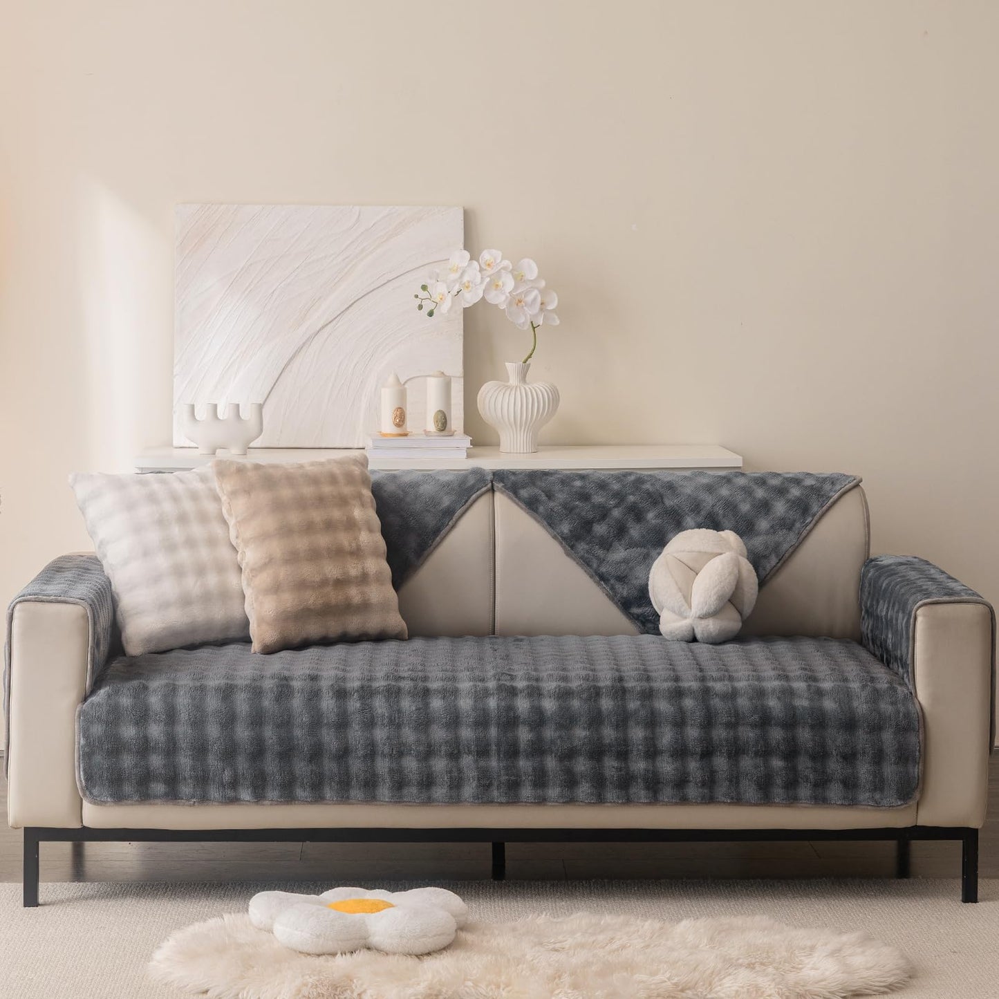 Aucrovee Plush Velvet Non Slip Sofa Cover 3 Cushion 36x70 Light Grey