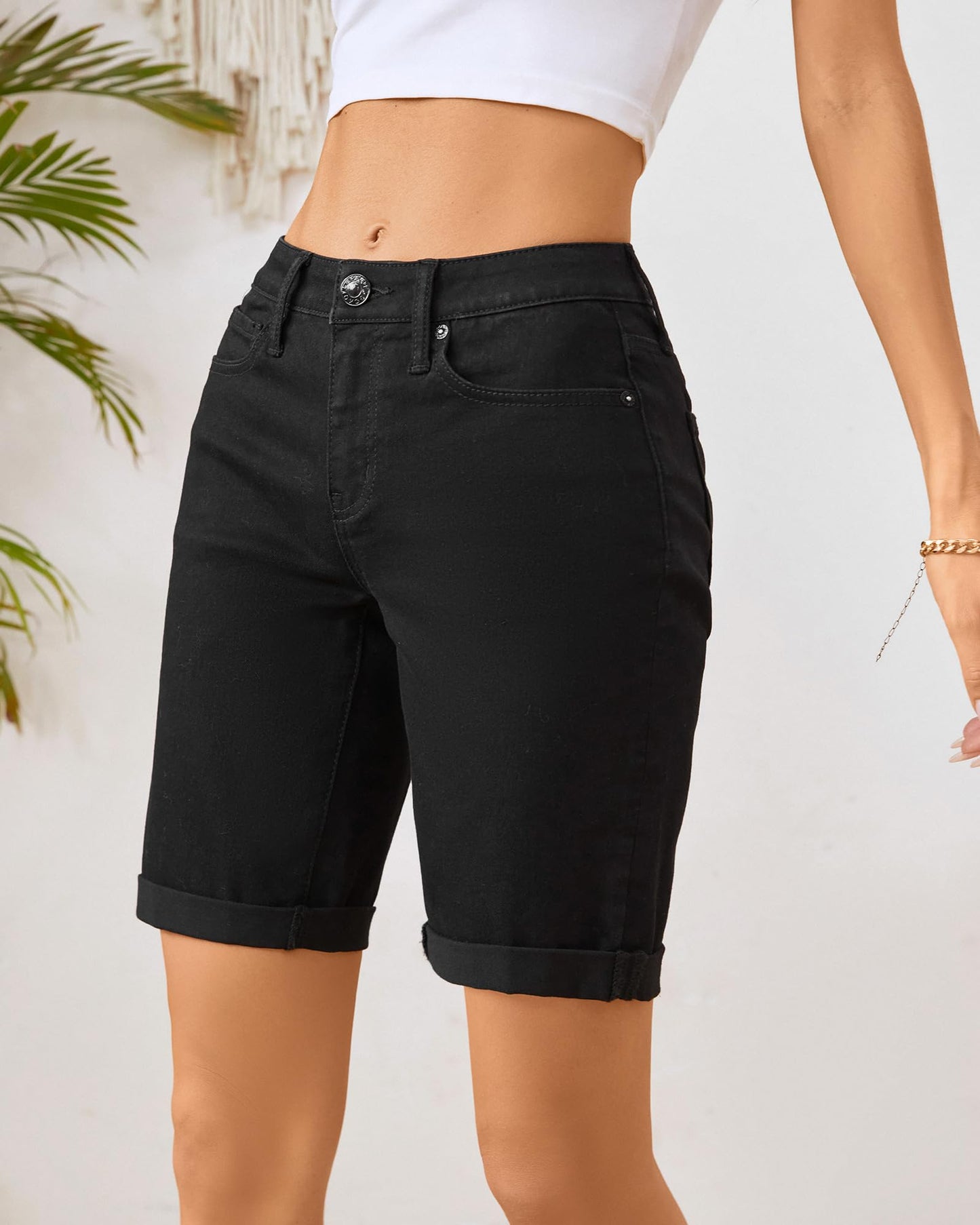 OFLUCK Women's Mid Rise Roll Cuff Stretch Denim Bermuda Shorts Dark Blue Size 10